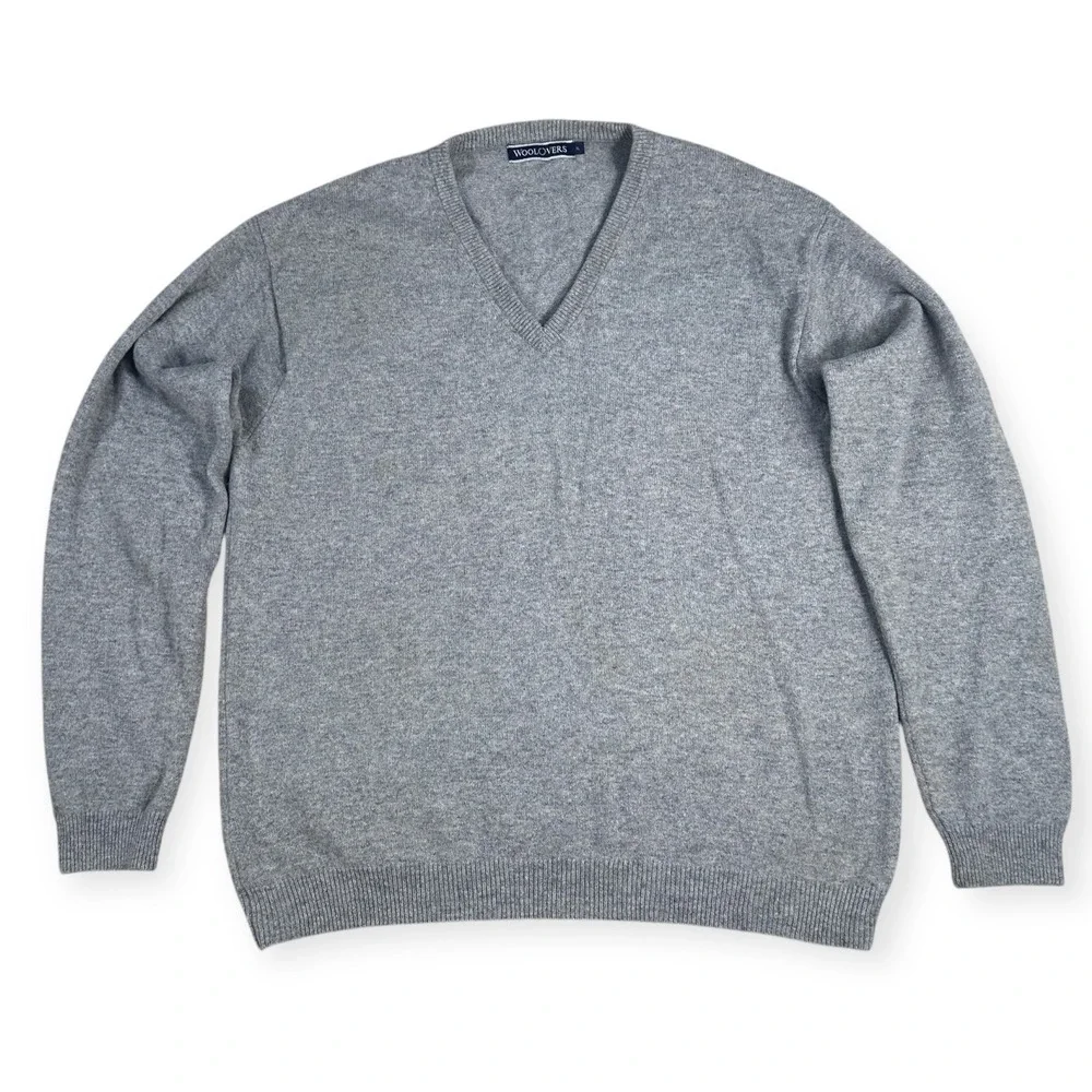 WOOLOVERS Mens V Neck Sweater XL Grey‎ Pure New Wool Classic Knit